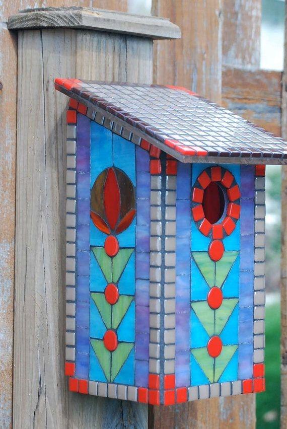 Stained Glass Red Blue Bird House