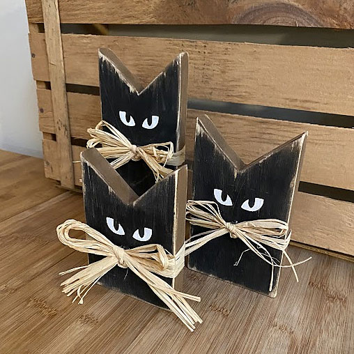 Set of 3 Rustic Wood Black Halloween Cats