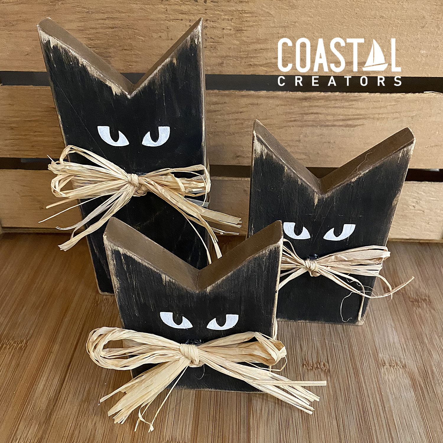 Set of 3 Rustic Wood Black Halloween Cats